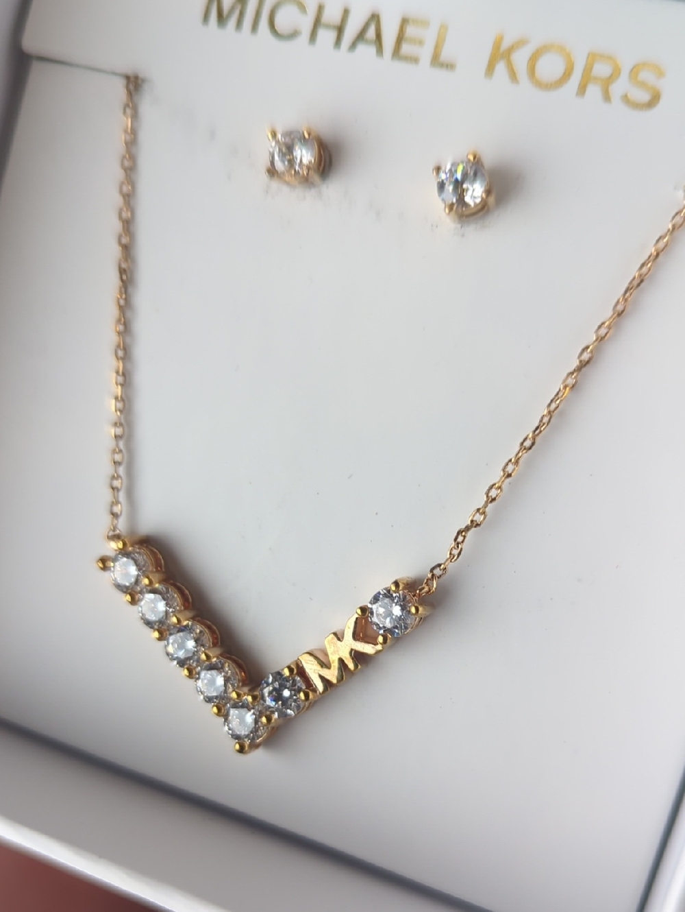 Michael Kors Rose Gold Necklace & Earrings Set  Crystal MK Pendant Jewelry - Picture 5 of 9
